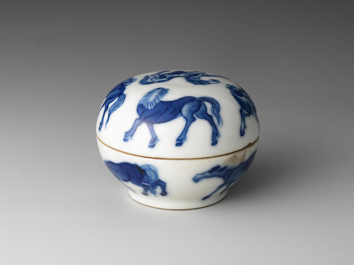 Seal paste box with eight horses, Porcelain painted in underglaze cobalt blue (Jingdezhen ware), China