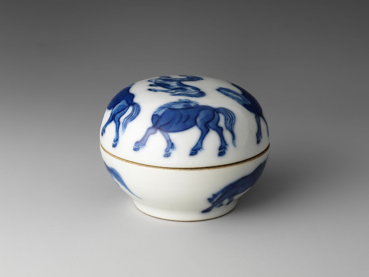 Seal paste box with eight horses, Porcelain painted in underglaze cobalt blue (Jingdezhen ware), China