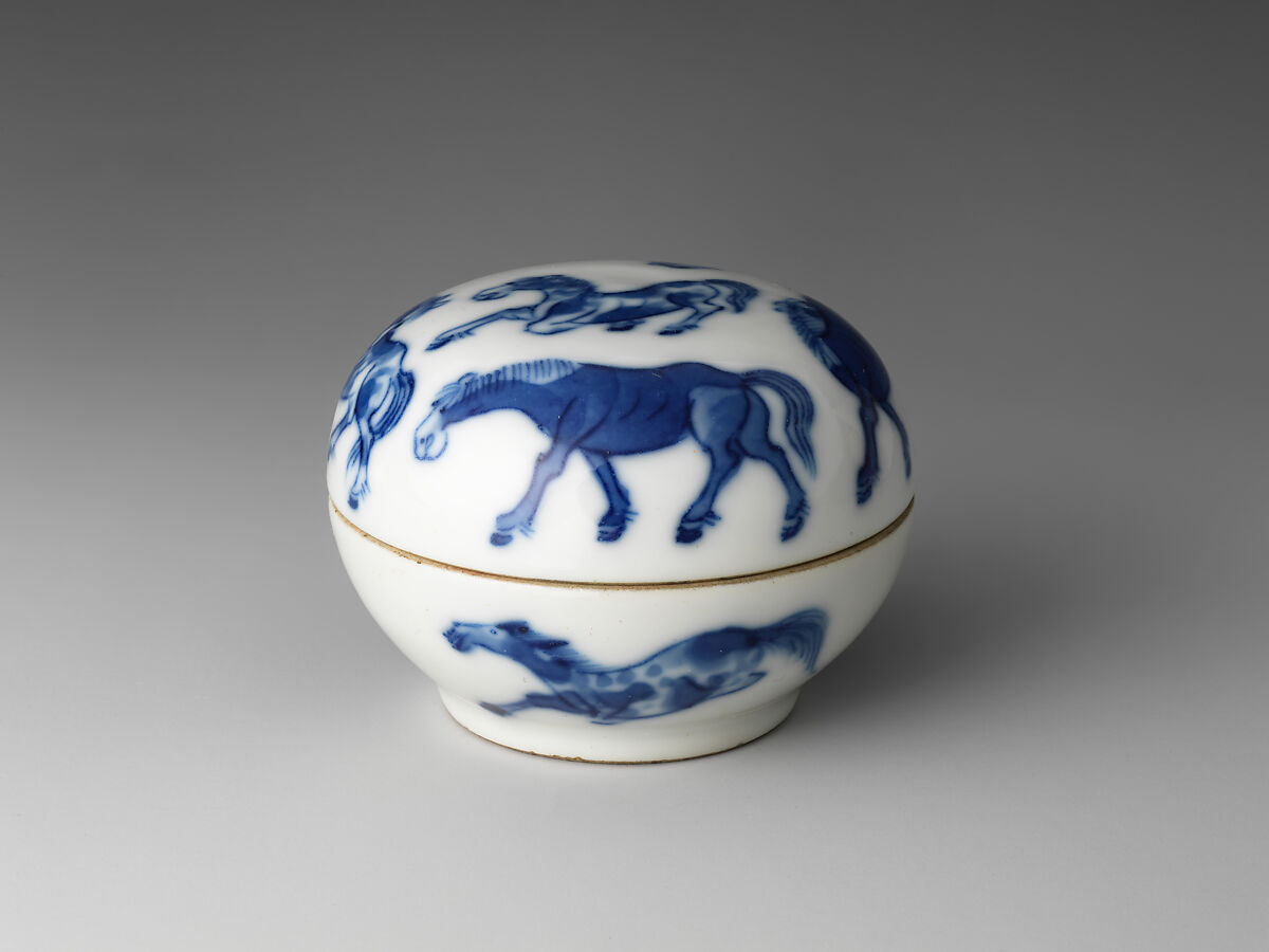 Seal paste box with eight horses, Porcelain painted in underglaze cobalt blue (Jingdezhen ware), China