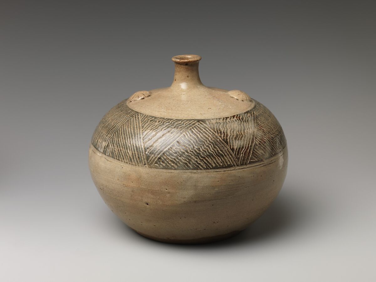 Oil Bottle, Clay with lines etched through; covered with a transparent glaze (Kiyomizu ware), Japan 