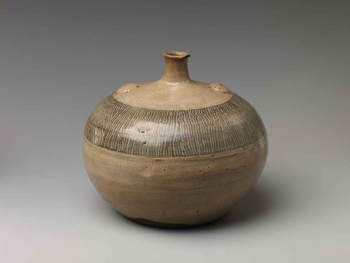 Oil Bottle, Clay with lines etched through; covered with a transparent glaze (Kiyomizu ware), Japan