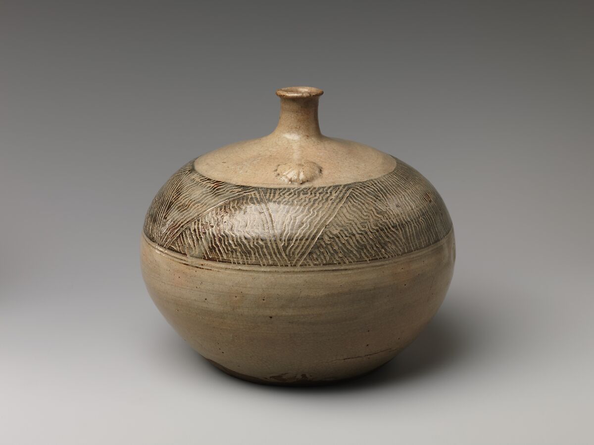 Oil Bottle, Clay with lines etched through; covered with a transparent glaze (Kiyomizu ware), Japan