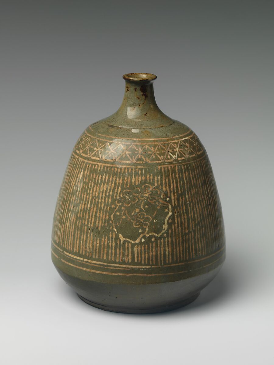 Bottle, Clay with inlaid mishima pattern under a transparent glaze (Satsuma), Japan 