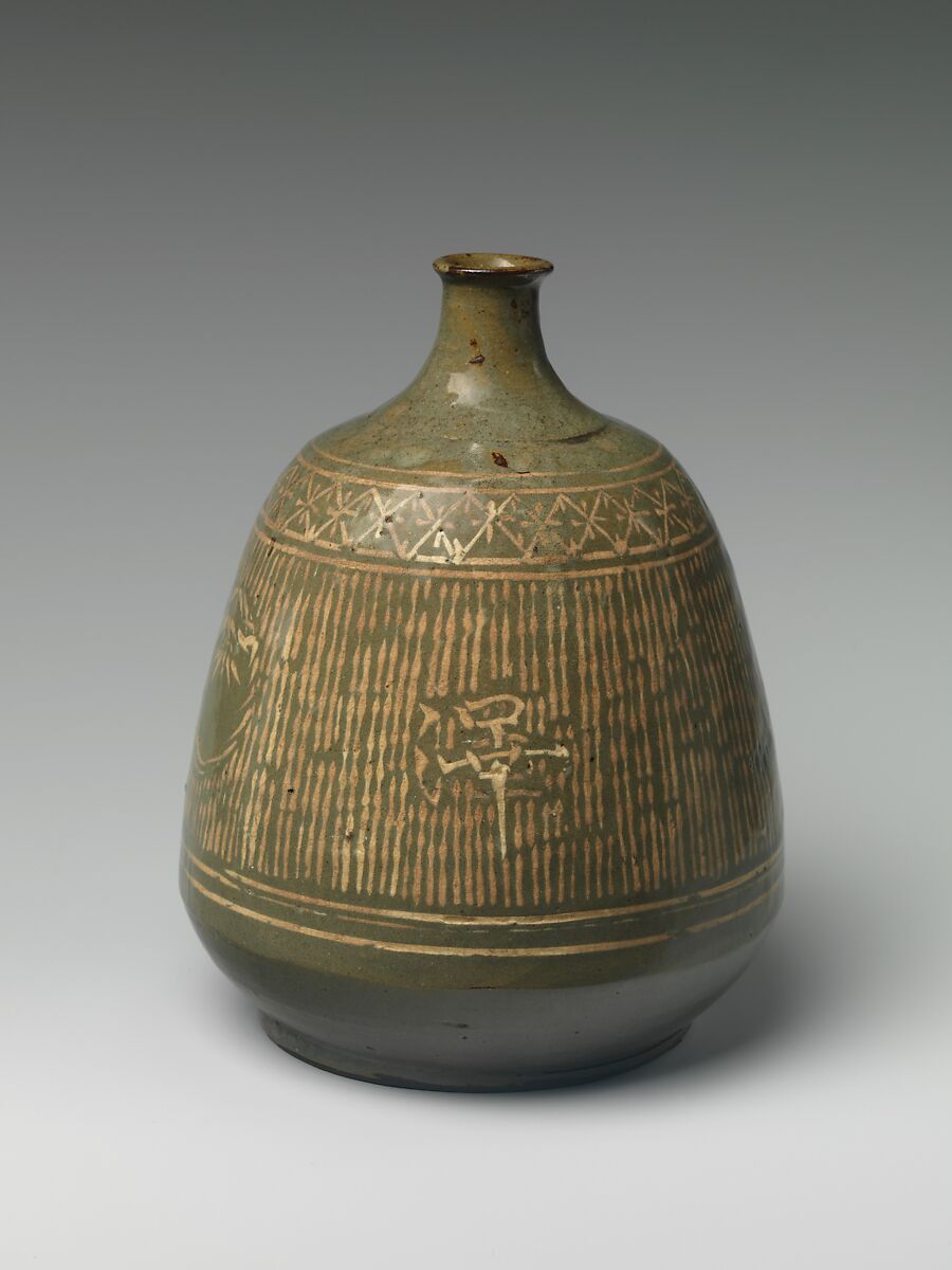Bottle, Clay with inlaid mishima pattern under a transparent glaze (Satsuma), Japan