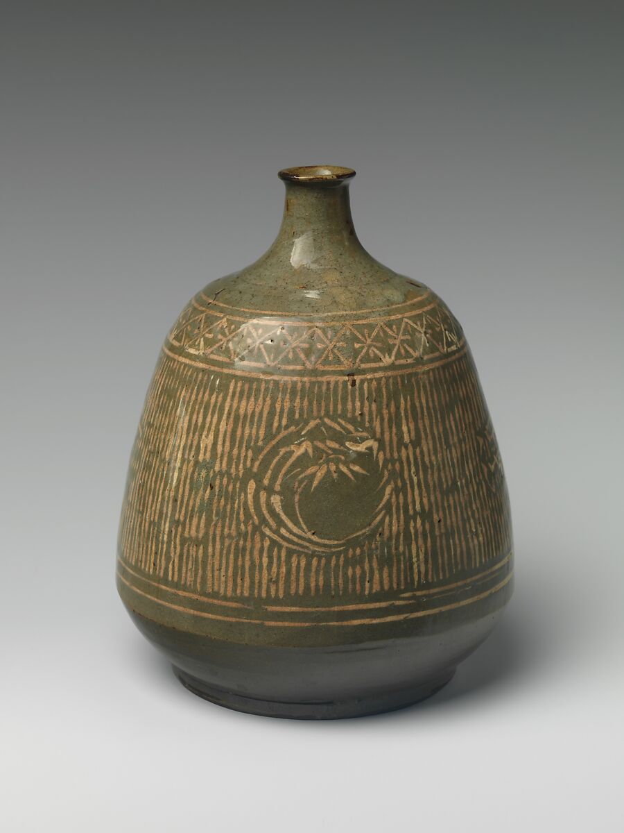 Bottle, Clay with inlaid mishima pattern under a transparent glaze (Satsuma), Japan