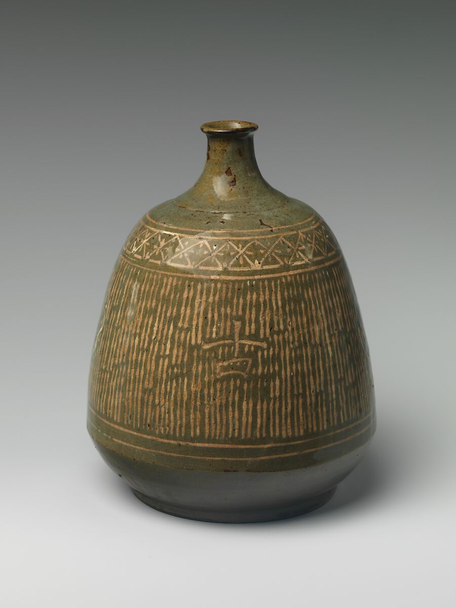 Bottle, Clay with inlaid mishima pattern under a transparent glaze (Satsuma), Japan