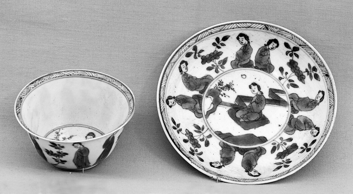 Cup and saucer with ladies, Porcelain with blue glaze and incised decoration (Jingdezhen ware), China 