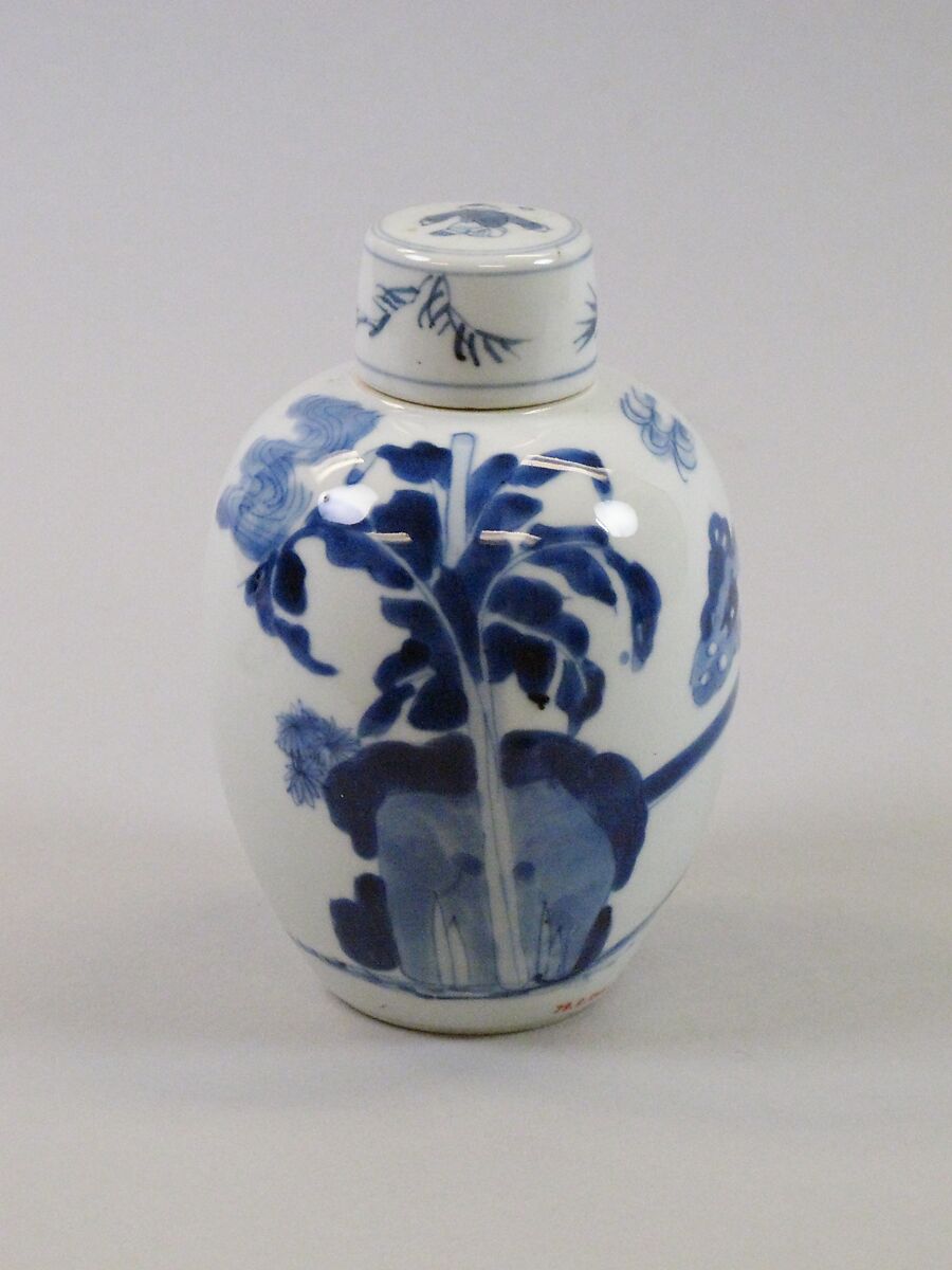 Tea leaf jar with ladies at leisure, Porcelain painted in underglaze cobalt blue (Jingdezhen ware), China