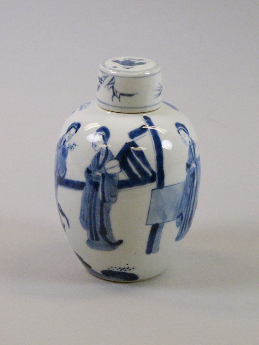 Tea leaf jar with ladies at leisure, Porcelain painted in underglaze cobalt blue (Jingdezhen ware), China 