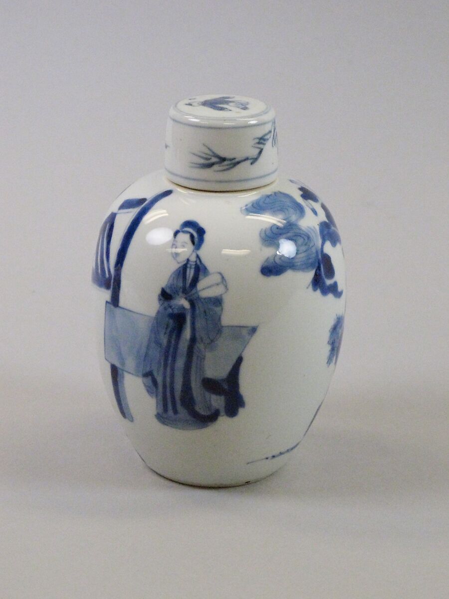 Tea leaf jar with ladies at leisure, Porcelain painted in underglaze cobalt blue (Jingdezhen ware), China