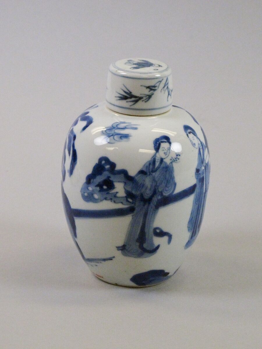 Tea leaf jar with ladies at leisure, Porcelain painted in underglaze cobalt blue (Jingdezhen ware), China