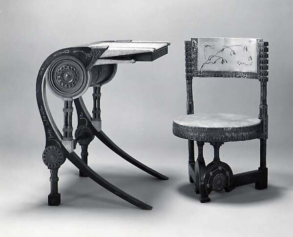 Desk chair, Carlo Bugatti (Italian, Milan 1855–1940 Molsheim), Walnut, brass,vellum, pewter 