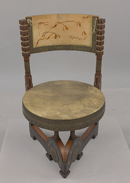 Desk chair, Carlo Bugatti (Italian, Milan 1855–1940 Molsheim), Walnut, brass,vellum, pewter 