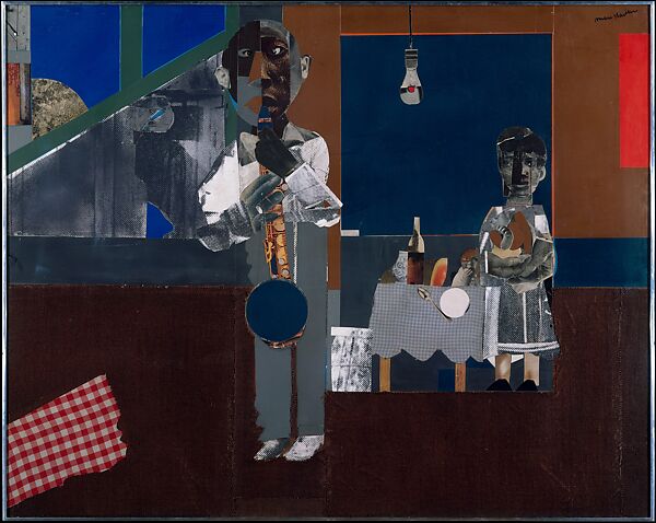 The Woodshed, Romare Bearden (American, Charlotte, North Carolina 1911–1988 New York), Cut and pasted printed and colored papers, photostats, cloth, graphite, and sprayed ink on Masonite 