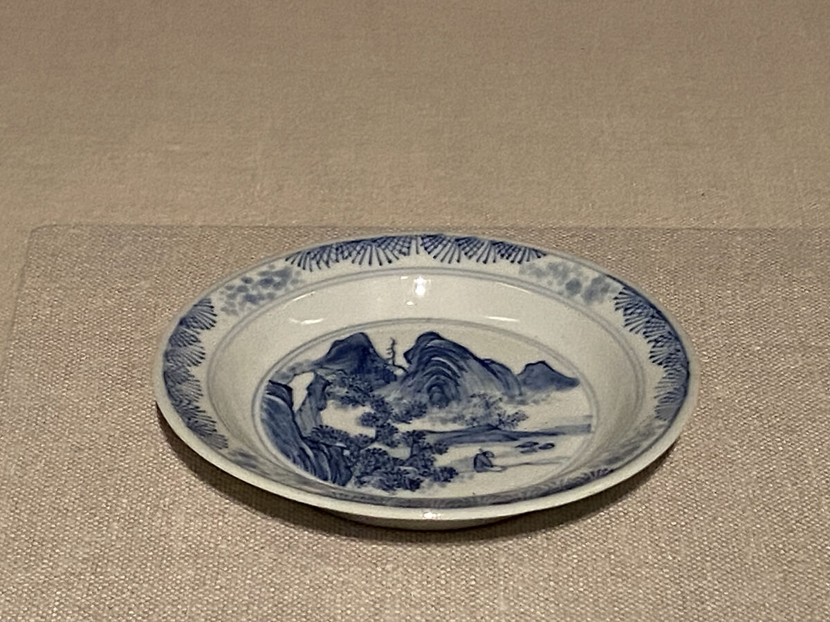 Saucer with landscape, Porcelain painted in underglaze cobalt blue (Jingdezhen ware), China 