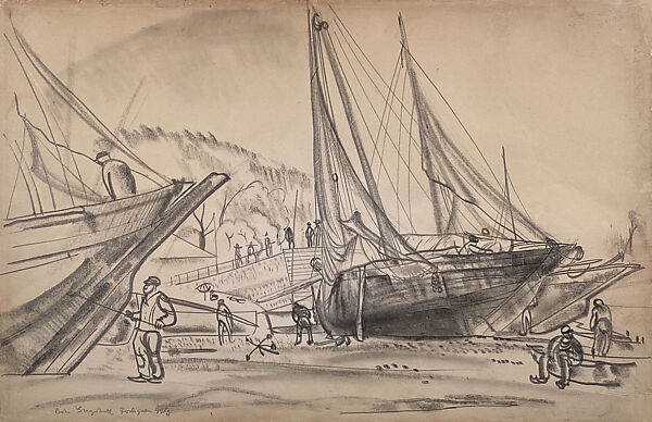 Ships at Dock, Boris Grigoriev (Russian, Rybinsk 1886–1939 Cagnes-sur-Mer), Graphite on paper 