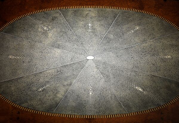 "David-Weill" Desk, Emile-Jacques Ruhlmann (French, Paris 1879–1933 Paris), Amboyna, ivory, sharkskin, silk, metal, oak, lumber-core plywood, poplar, walnut, birch, macassar ebony