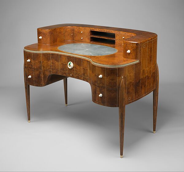 "David-Weill" Desk, Emile-Jacques Ruhlmann (French, Paris 1879–1933 Paris), Amboyna, ivory, sharkskin, silk, metal, oak, lumber-core plywood, poplar, walnut, birch, macassar ebony