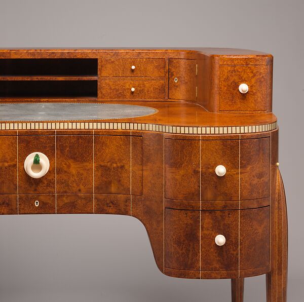 "David-Weill" Desk, Emile-Jacques Ruhlmann (French, Paris 1879–1933 Paris), Amboyna, ivory, sharkskin, silk, metal, oak, lumber-core plywood, poplar, walnut, birch, macassar ebony