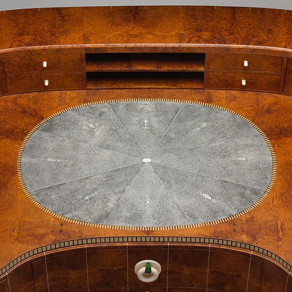 "David-Weill" Desk, Emile-Jacques Ruhlmann (French, Paris 1879–1933 Paris), Amboyna, ivory, sharkskin, silk, metal, oak, lumber-core plywood, poplar, walnut, birch, macassar ebony