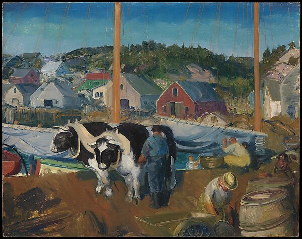 Ox Team, Wharf at Matinicus, George Bellows (American, Columbus, Ohio 1882–1925 New York), Oil on lumbercore panel 