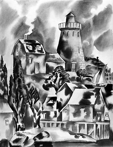 The Lighthouse, Jan Matulka (American, 1890–1972), Watercolor, brush and black ink, and black crayon on paper 
