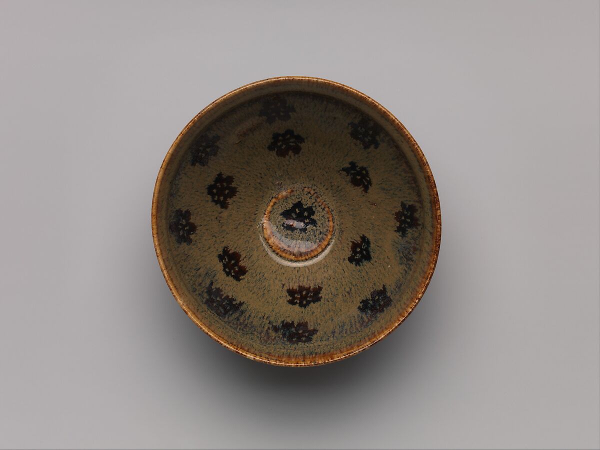 Tea bowl with decoration of six-petaled flowers, Stoneware with black and brown glazes and paper-cut designs (Jizhou ware), China 