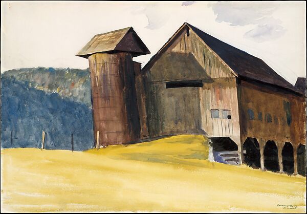 Barn and Silo, Vermont, Edward Hopper (American, Nyack, New York 1882–1967 New York), Watercolor, and brush and black ink over charcoal on paper 