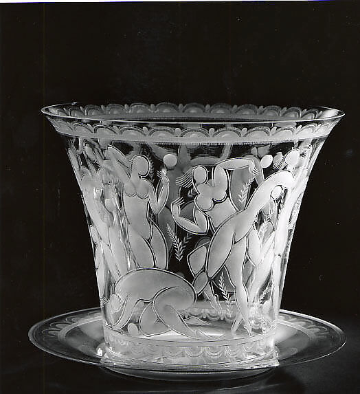 "Girls Playing Ball", Vase with Tray, Edward Hald (Swedish, Stockholm 1883–1980), Engraved glass 