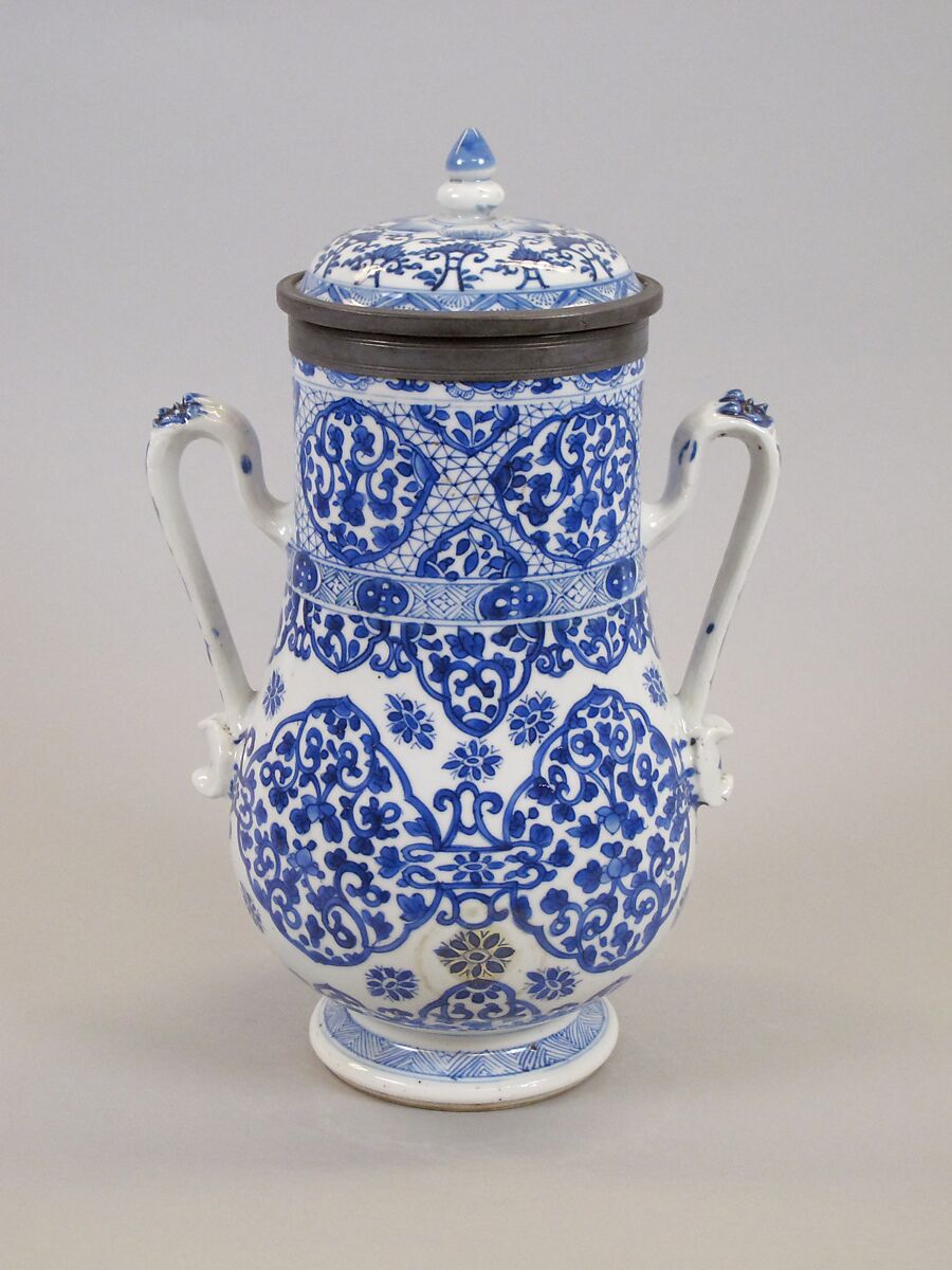 Covered jar with handles, Porcelain painted in underglaze cobalt blue (Jingdezhen ware), silver mounts, China