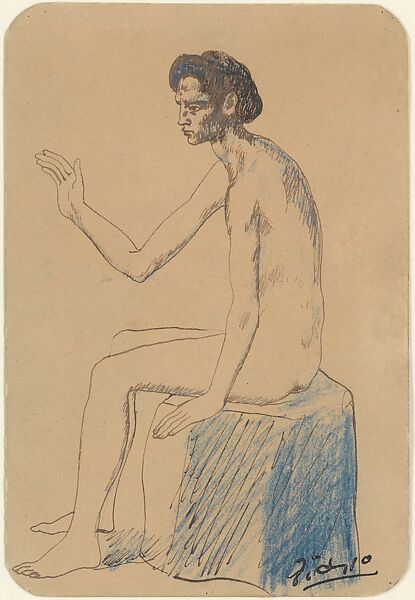 Seated Figure, Pablo Picasso (Spanish, Malaga 1881–1973 Mougins, France), Pen and brown ink and blue crayon on paper 