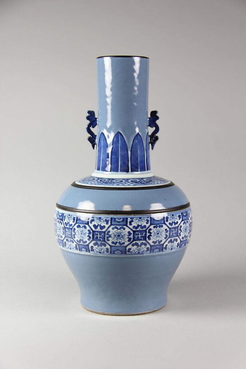 Vase with floral and geometric ornaments, Porcelain painted in underglaze cobalt blue and light blue glaze (Jingdezhen ware), China 