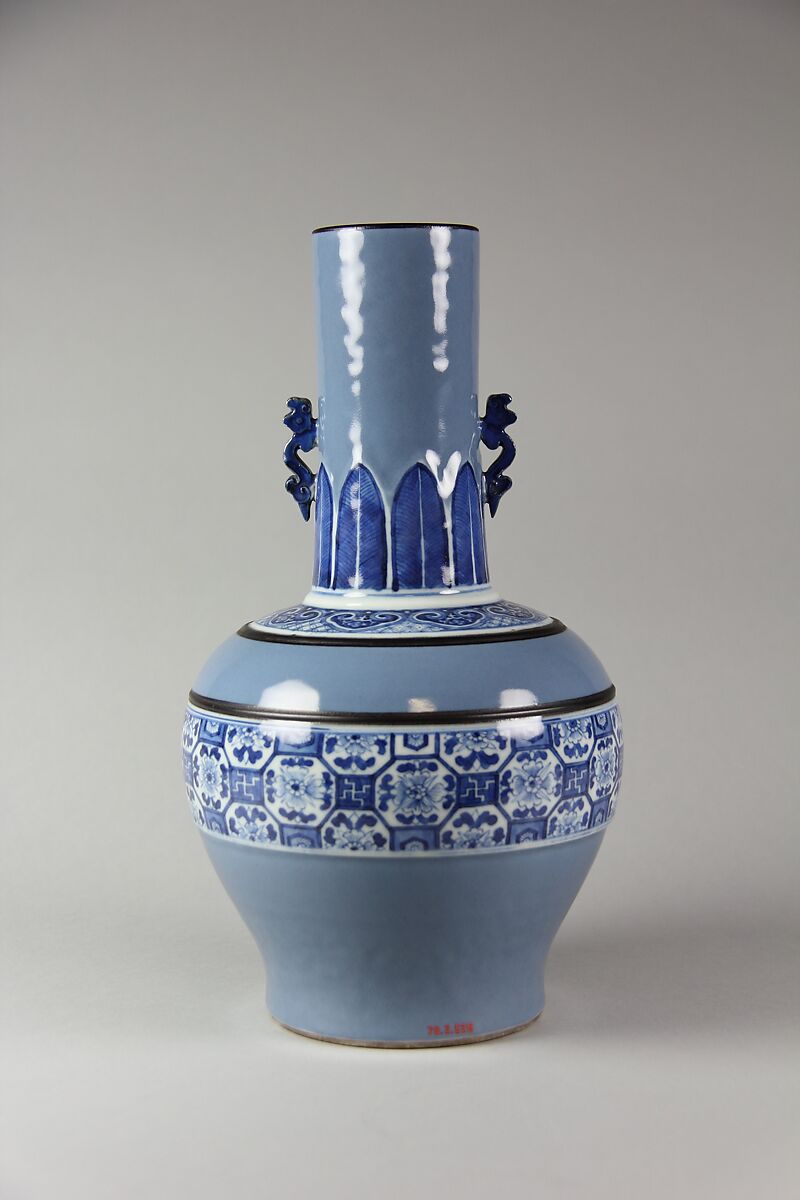 Vase with floral and geometric ornaments, Porcelain painted in underglaze cobalt blue and light blue glaze (Jingdezhen ware), China