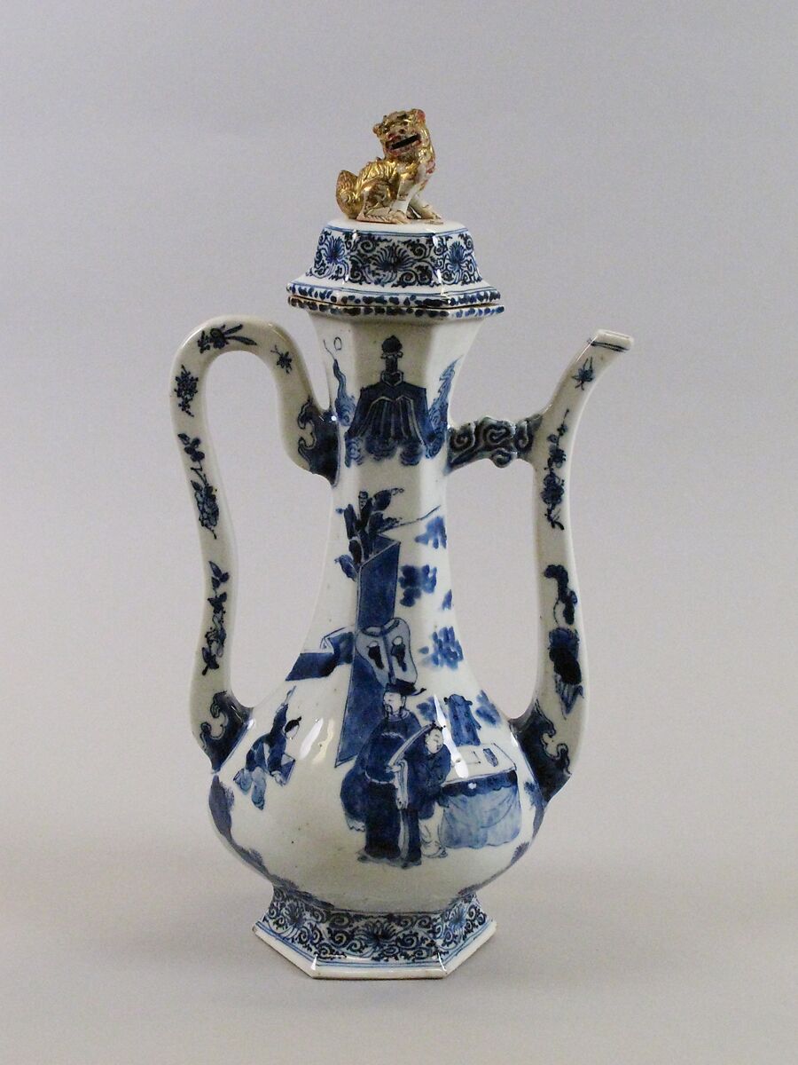 Covered ewer with figures in a garden, Pocelain painted in underglaze cobalt blue (Jingdezhen ware), China 