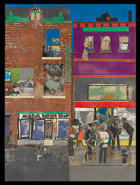 The Block, Romare Bearden (American, Charlotte, North Carolina 1911–1988 New York), Cut and torn pasted printed, colored and painted papers, metallic papers, graphite, porous-point pen, watercolor, opaque watercolor, and ink on Masonite
