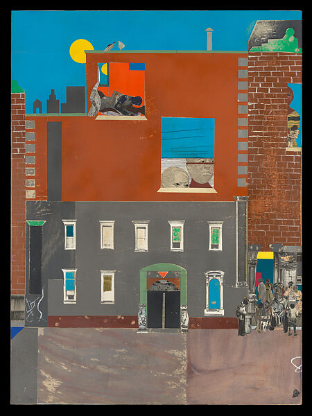 The Block, Romare Bearden (American, Charlotte, North Carolina 1911–1988 New York), Cut and torn pasted printed, colored and painted papers, metallic papers, graphite, porous-point pen, watercolor, opaque watercolor, and ink on Masonite