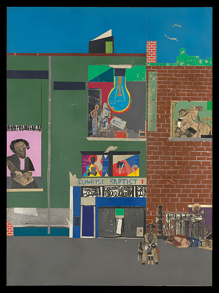 The Block, Romare Bearden (American, Charlotte, North Carolina 1911–1988 New York), Cut and torn pasted printed, colored and painted papers, metallic papers, graphite, porous-point pen, watercolor, opaque watercolor, and ink on Masonite