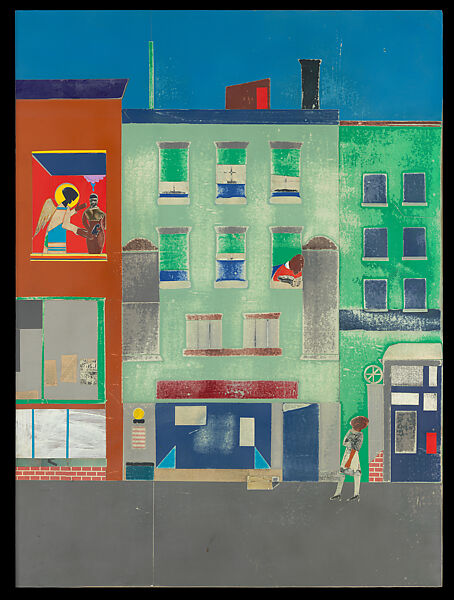 The Block, Romare Bearden (American, Charlotte, North Carolina 1911–1988 New York), Cut and torn pasted printed, colored and painted papers, metallic papers, graphite, porous-point pen, watercolor, opaque watercolor, and ink on Masonite