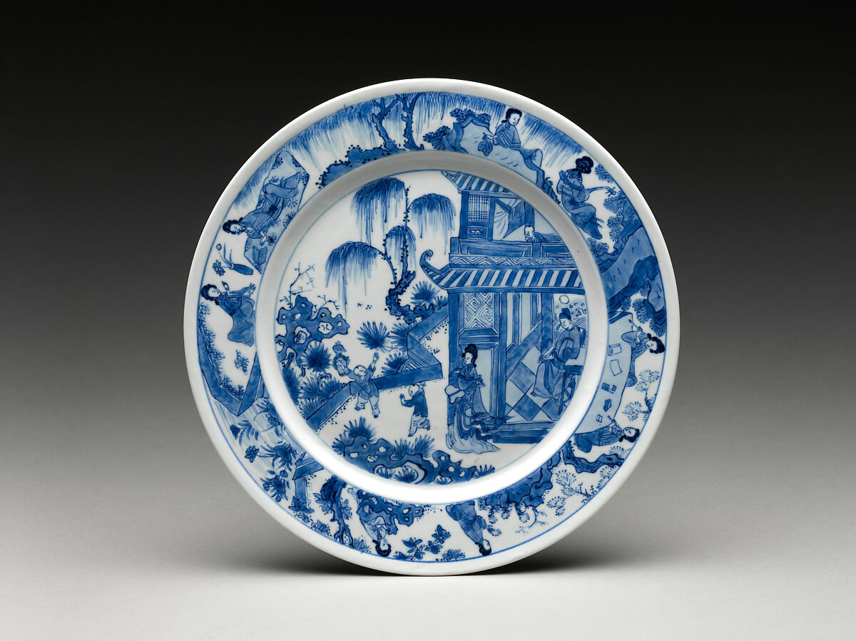 Dish with scene of a family, Porcelain painted in underglaze cobalt blue (Jingdezhen ware), China 