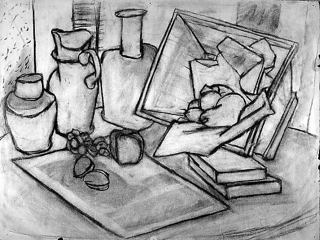 Still Life on a Table, Ludwig Sander (American, 1906–1975), Charcoal on paper 