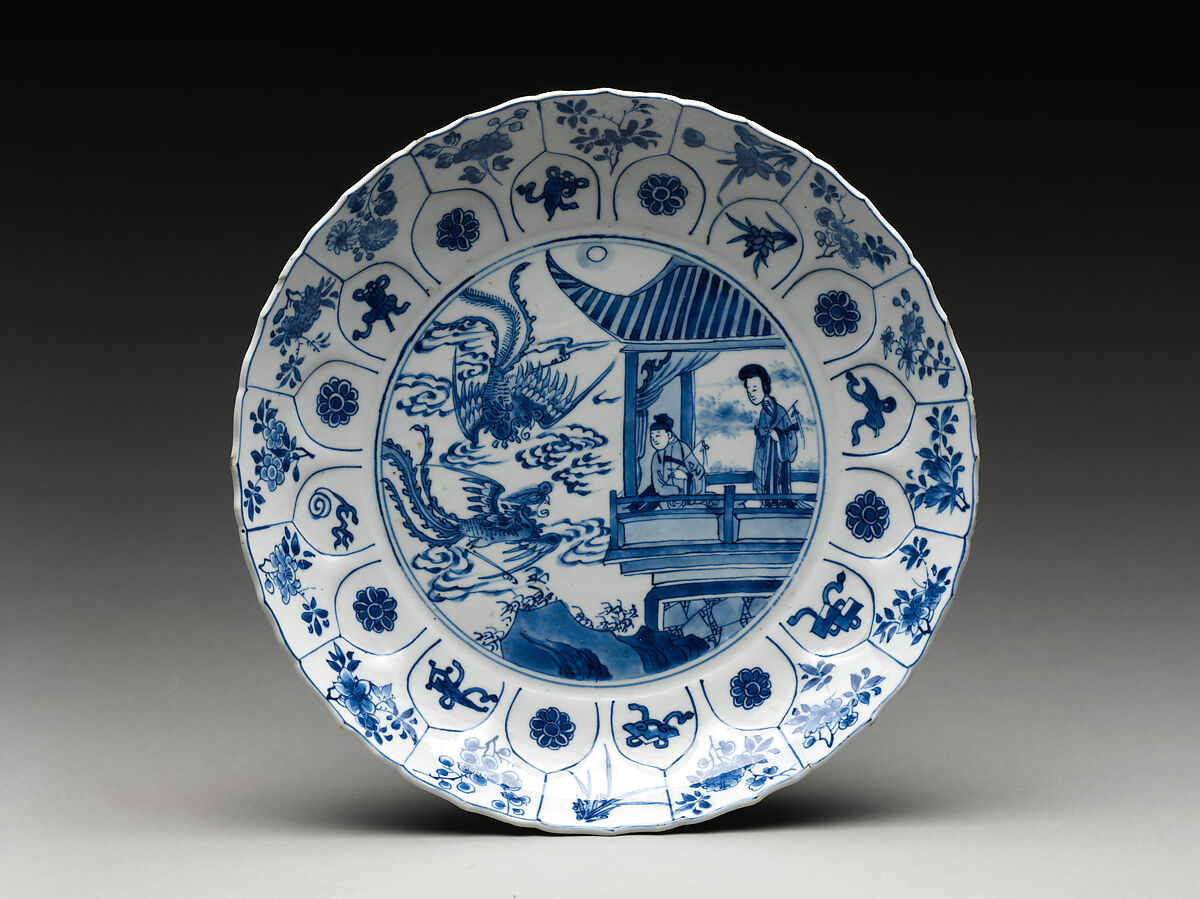 Dish with a couple and phoenixes, Porcelain painted in underglaze cobalt blue (Jingdezhen ware), China 