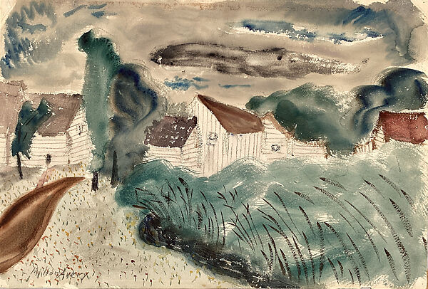 Beach House, Milton Avery (American, Altmar, New York 1885–1965 New York), Watercolor and charcoal on paper 