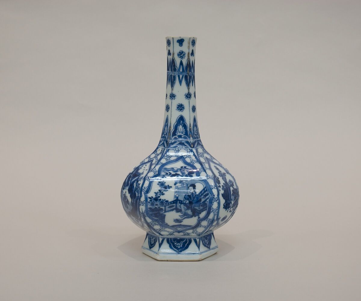 Hexagonal vase with ladies, plants, and landscape, Porcelain painted in underglaze cobalt blue (Jingdezhen ware), China 
