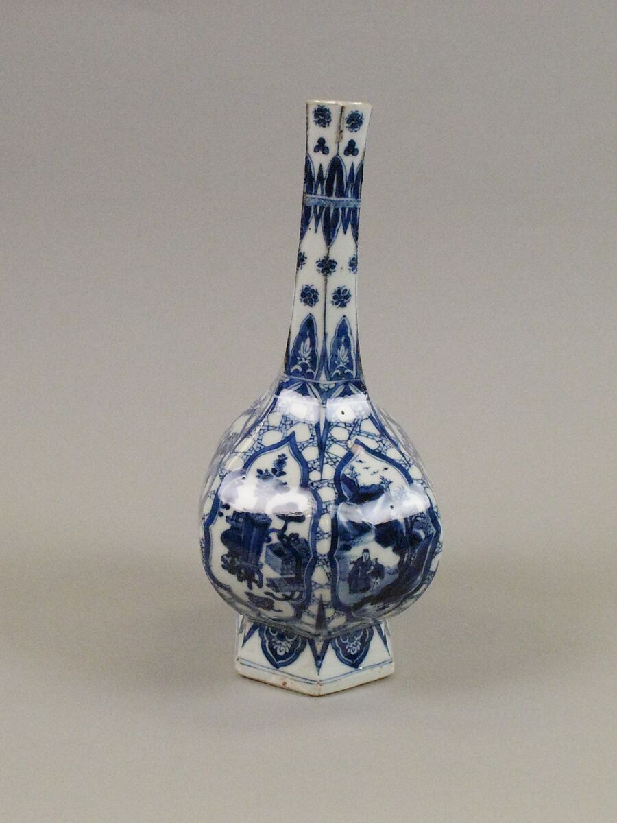 Hexagonal vase with ladies, plants, and landscape, Porcelain painted in underglaze cobalt blue (Jingdezhen ware), China