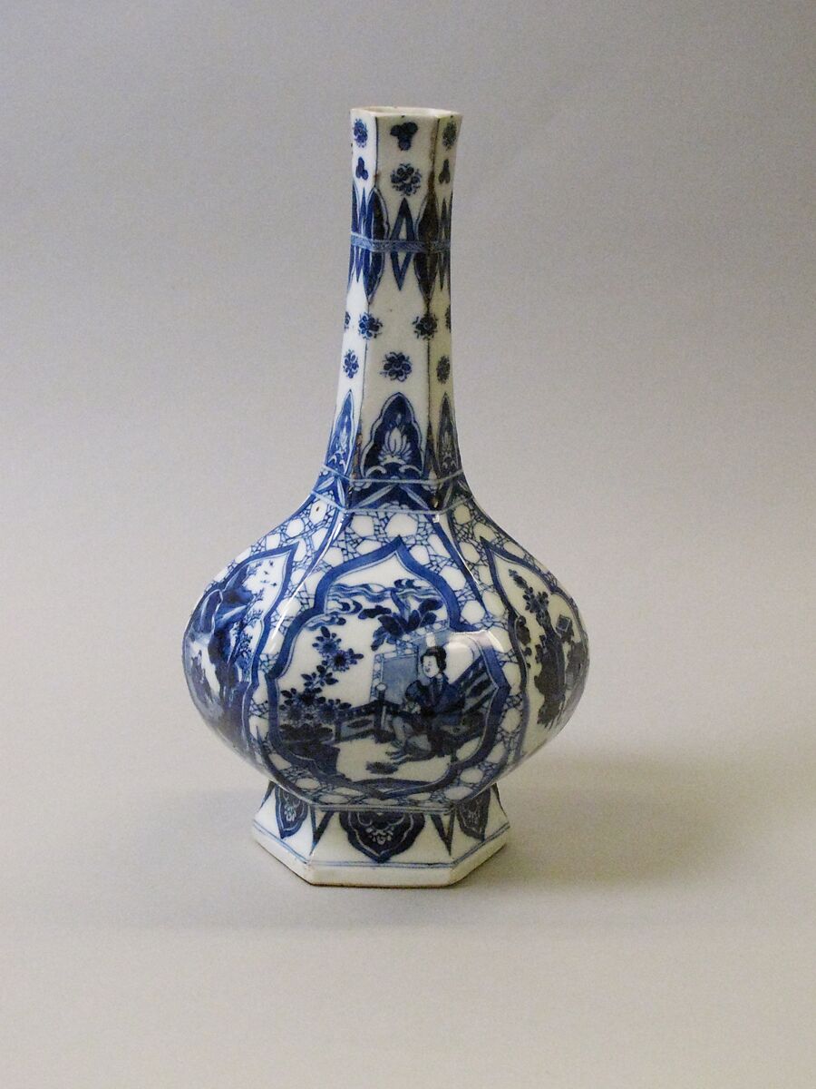 Hexagonal vase with ladies, plants, and landscape, Porcelain painted in underglaze cobalt blue (Jingdezhen ware), China