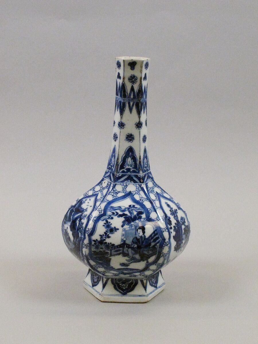 Hexagonal vase with ladies, plants, and landscape, Porcelain painted in underglaze cobalt blue (Jingdezhen ware), China