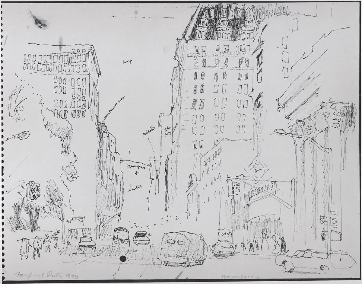 Sketch for the painting "Near Union Square, Looking Up Park Avenue", Fairfield Porter (American, Winnetka, Illinois 1907–1975 Southampton, New York), Ink on paper 