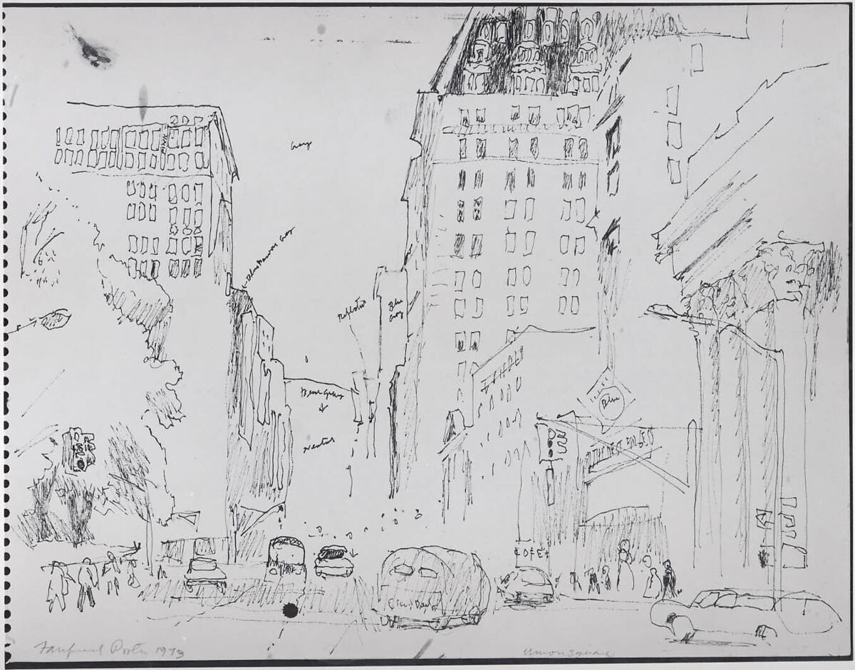 Sketch for the painting "Near Union Square, Looking Up Park Avenue", Fairfield Porter (American, Winnetka, Illinois 1907–1975 Southampton, New York), Pen and black ink on paper 