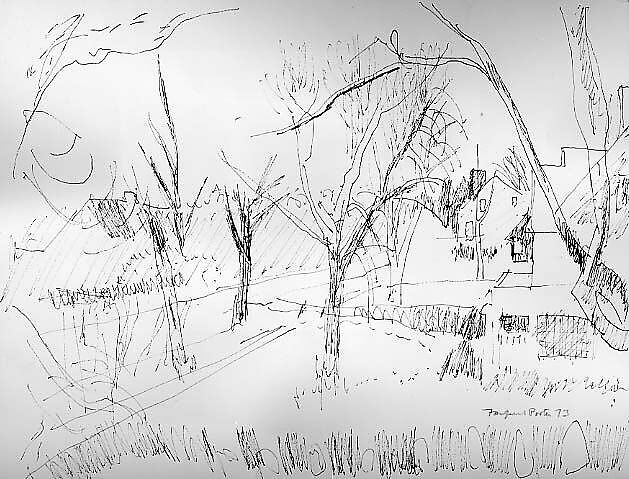 Sketch for "Sunrise on South Main Street", Fairfield Porter (American, Winnetka, Illinois 1907–1975 Southampton, New York), Ink on paper 