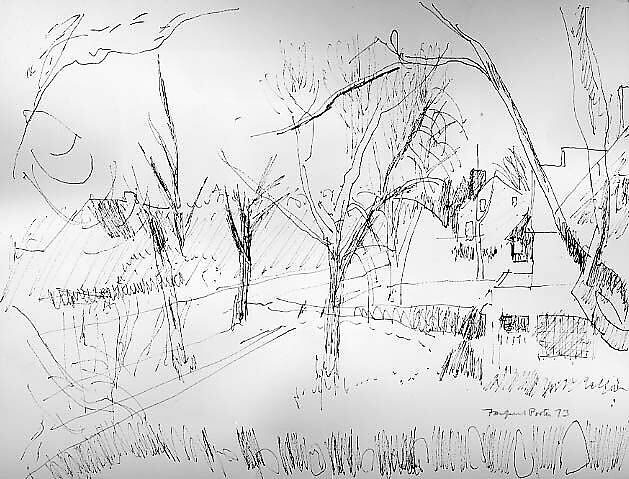 Sketch for "Sunrise on South Main Street", Fairfield Porter (American, Winnetka, Illinois 1907–1975 Southampton, New York), Pen and black ink on paper 